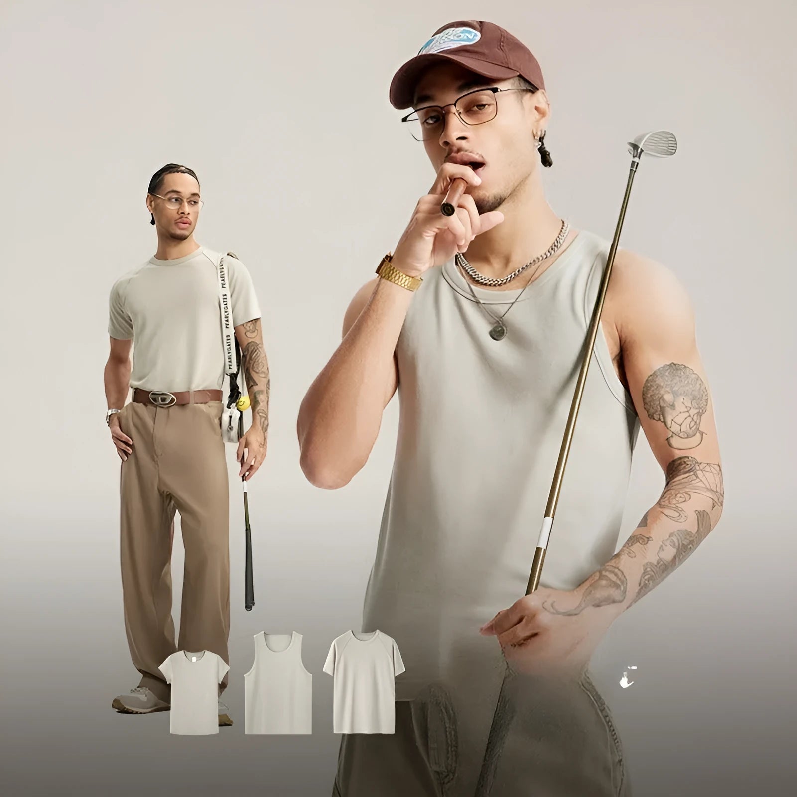 Slim fit men's or women's stretch top shown as a vest and short sleeve tee in beige, grey, and black colours.