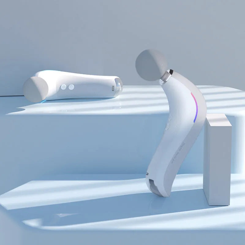 Mini electric massage gun with three heads in pink, star grey, and white, USB rechargeable