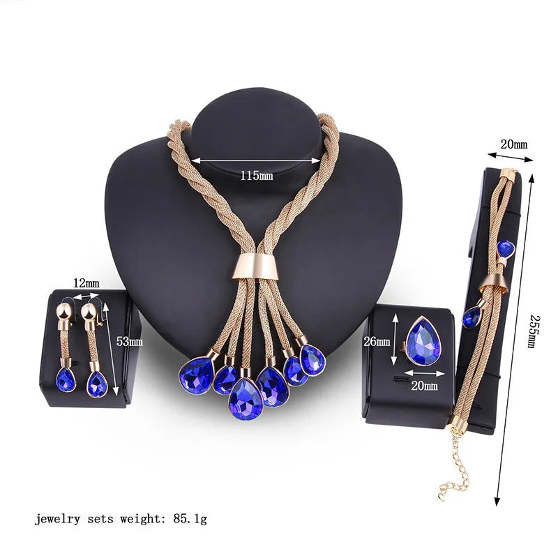 Four-piece gilded women's jewellery set with alloy diamond-finish square pattern, including necklace, earrings and bracelet in 18K gold colour