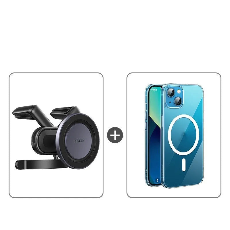 Black magnetic suction mobile phone holder with N52 neodymium magnet, aluminium alloy and silicone construction, for iPhone 12-14