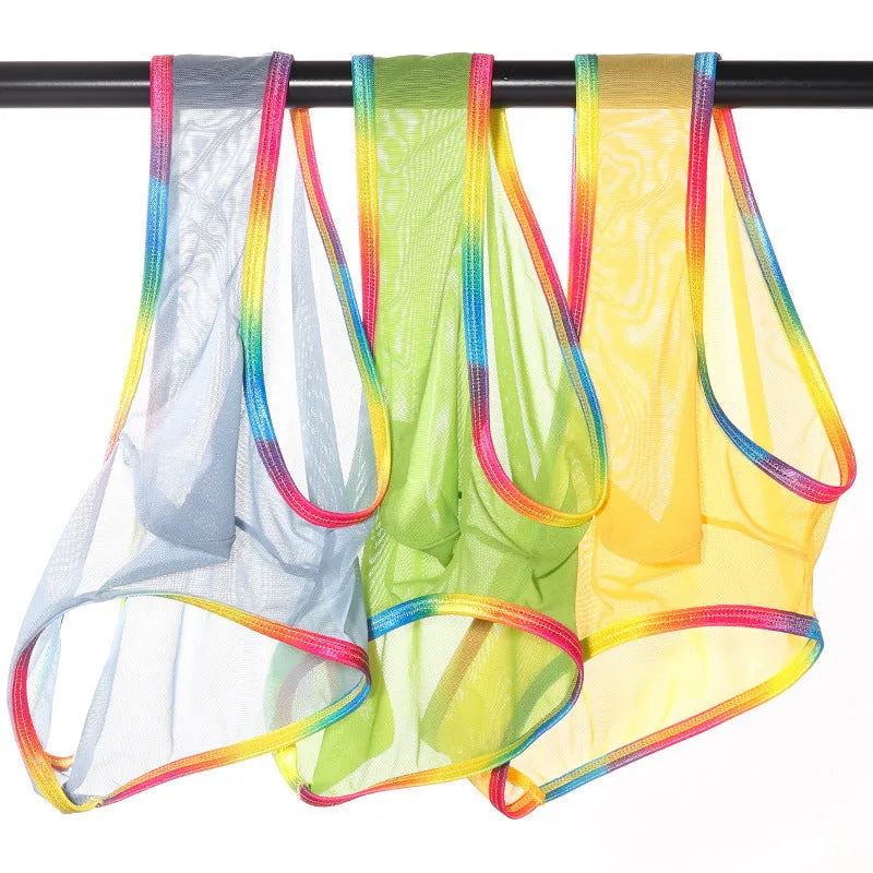 Transparent mesh quick-drying briefs in six colour options on size chart