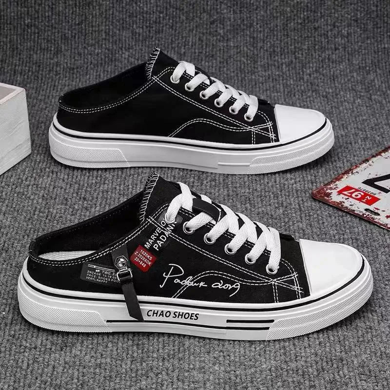 Men's canvas slip-on shoes in black and blue with round toe and PVC soles
