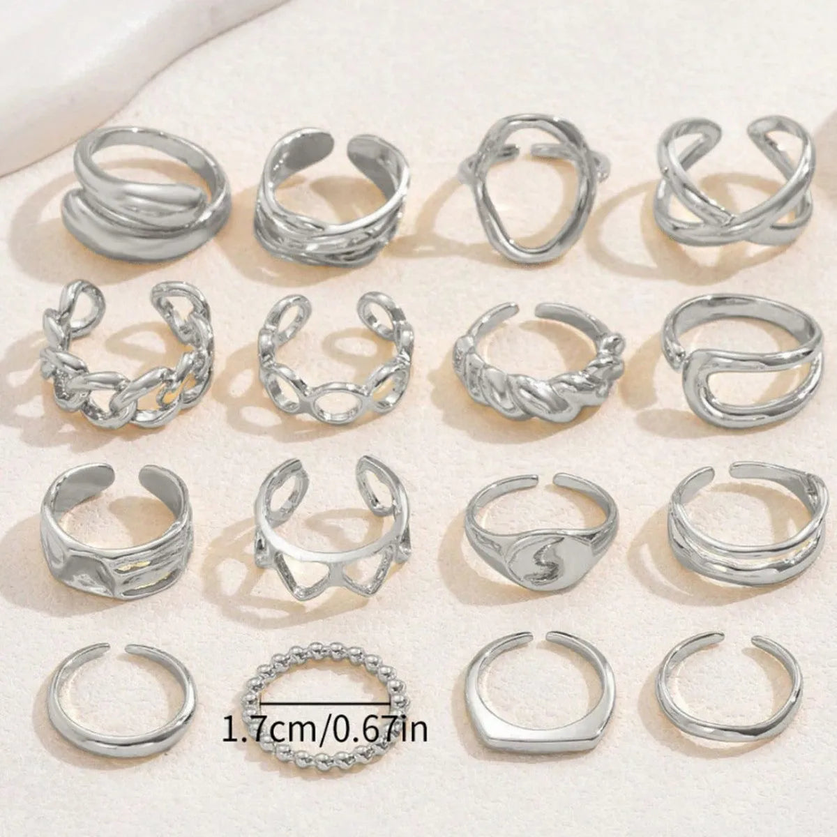 16-piece women's open ring set in silver or gold with love and geometric designs