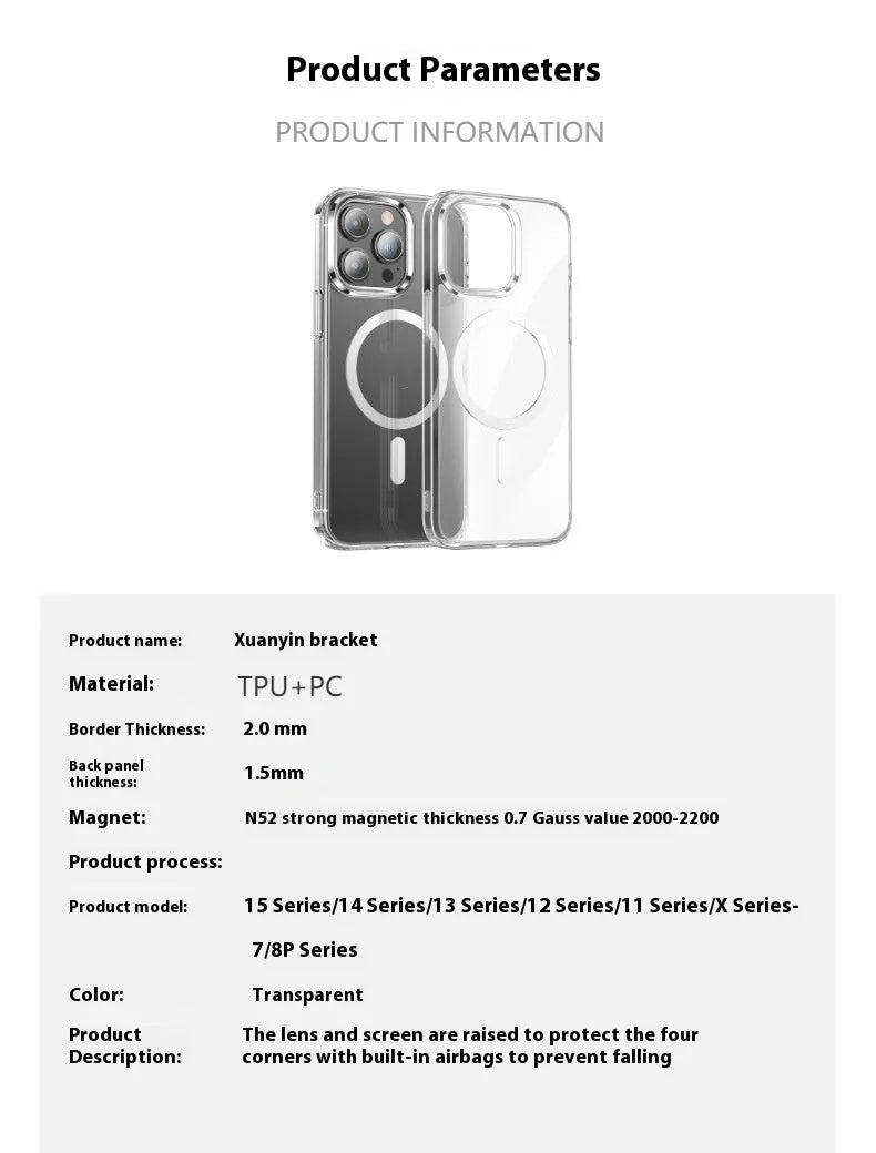 Transparent two-in-one magnetic phone case with shockproof protection for iPhone models, showing back and side view.