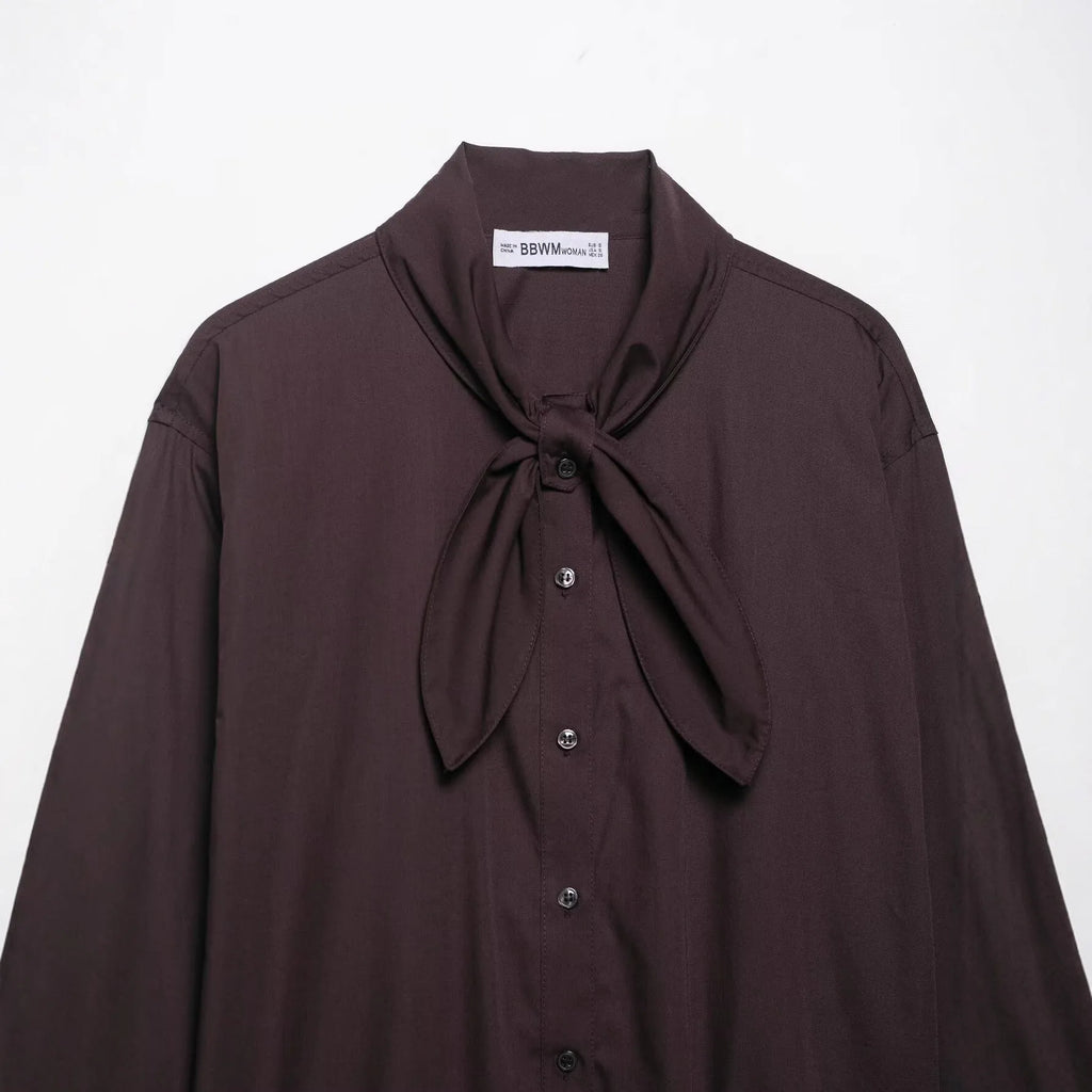 Brown women's long sleeve poplin shirt with a bow tie scarf, loose fit