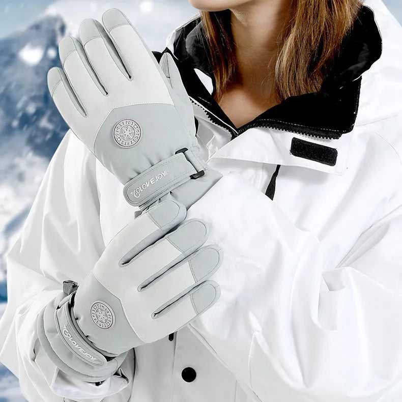 Snowflake cartoon print winter gloves with touchscreen fingertips in purple and grey colour options