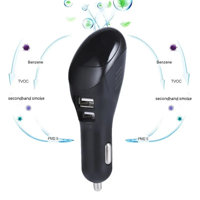 White car USB charger with negative ion vehicle-charged purifier showing compact dimensions