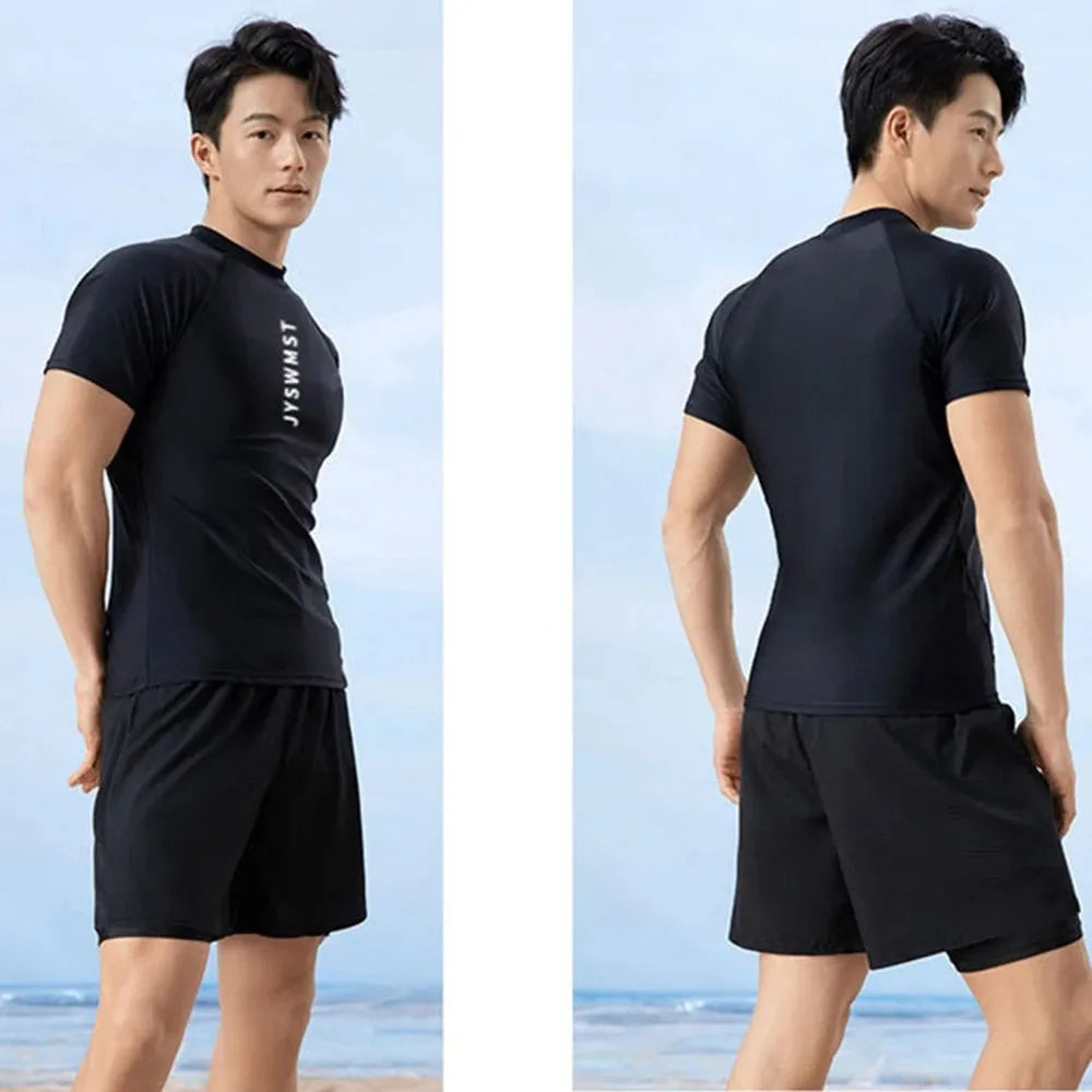 Men's patterned plus size swimsuit set with matching top and trunks on a mannequin.