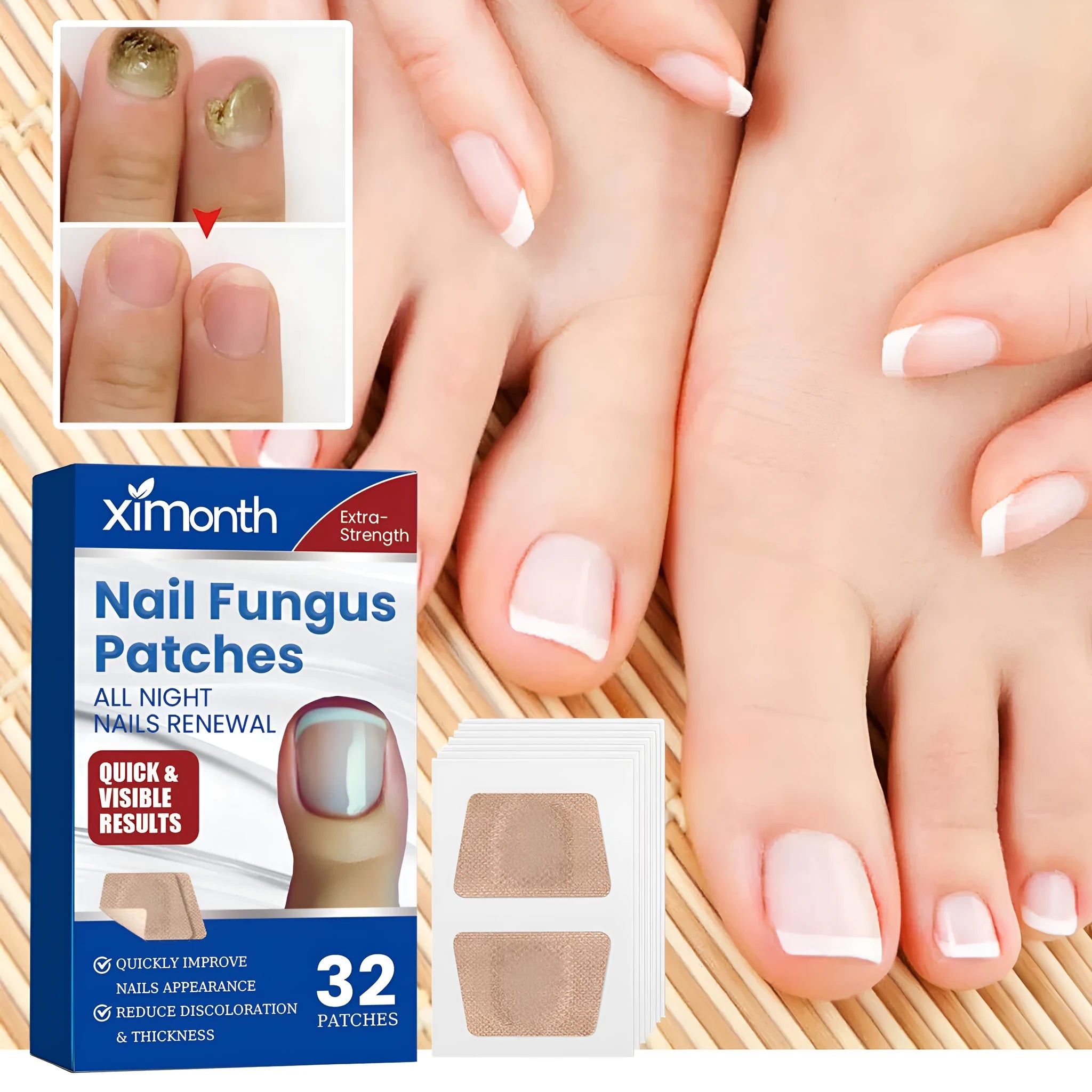 Box of 32 nail nursing adhesive bandage patches for repair, each patch 6.1 cm by 3.5 cm.