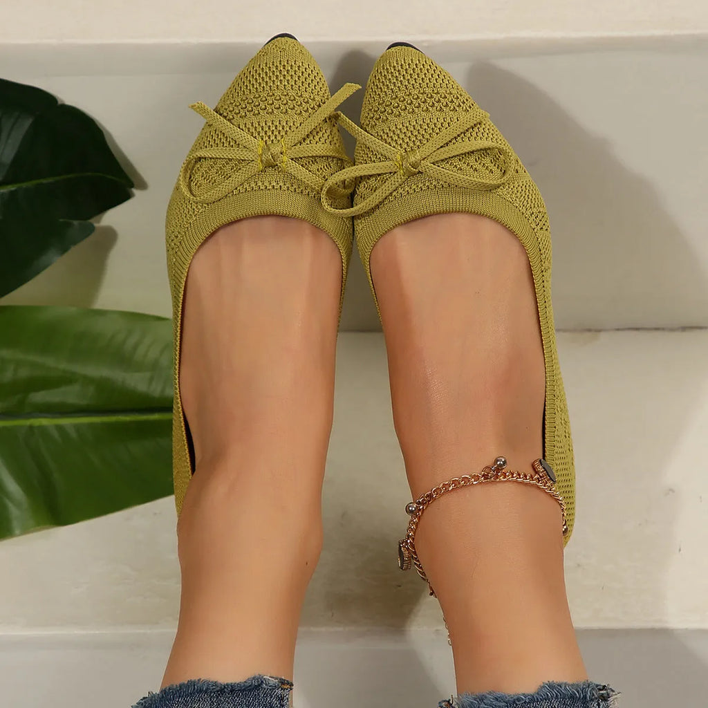 Bow knitted loafers for women in six colours, pointed toe, flat heel, rubber sole, sizes 36-43