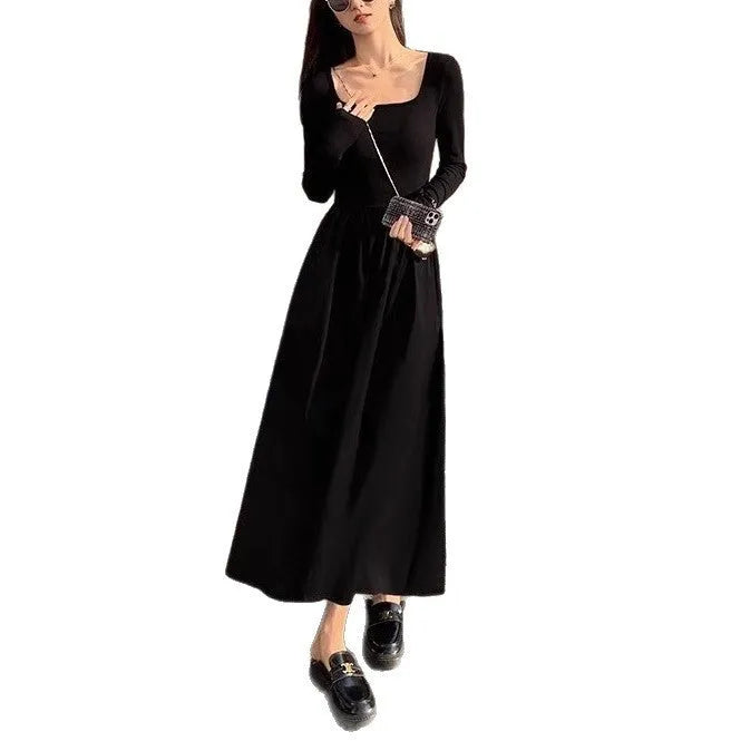 Women's black knitted square collar dress with long sleeves and an elastic waist A-line skirt