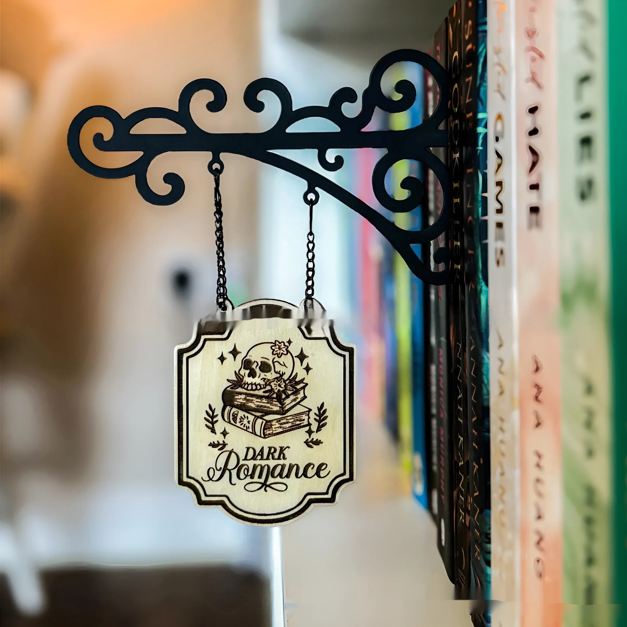 Rustic tavern sign style book divider ornament for shelf organisation, one of five available designs.