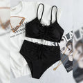 Black women's high waist bikini swimsuit with sling split design and sleeveless cut