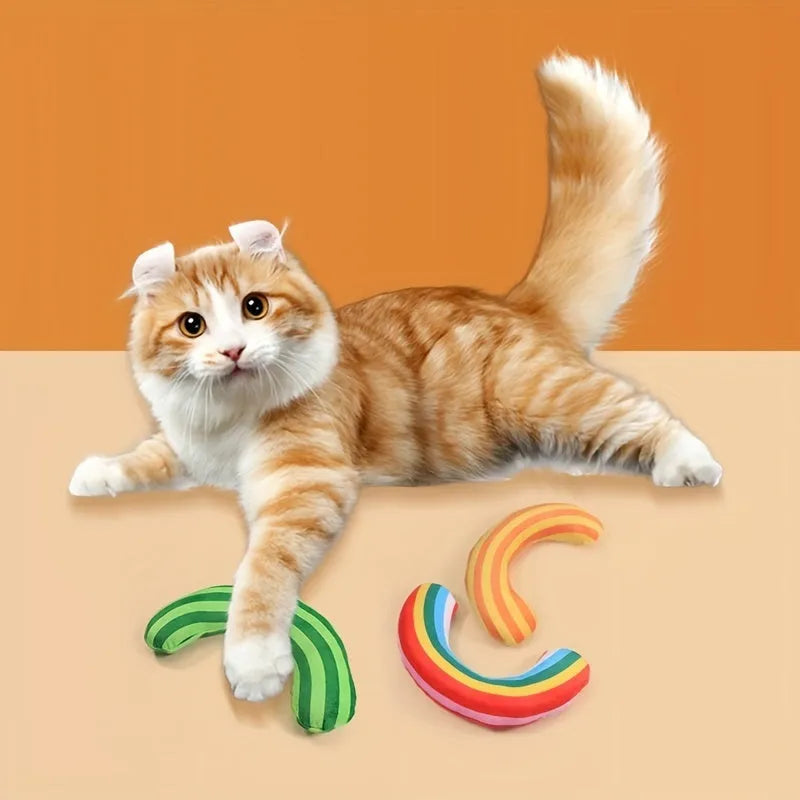 Set of four cat noise toys with striped pattern pillow measuring 23cm