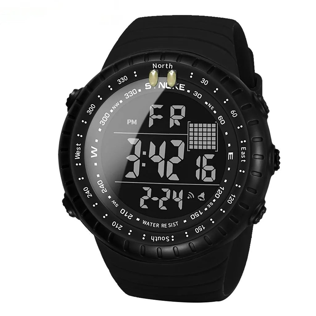 Black men's waterproof outdoor electronic watch with large plastic case and PU strap.
