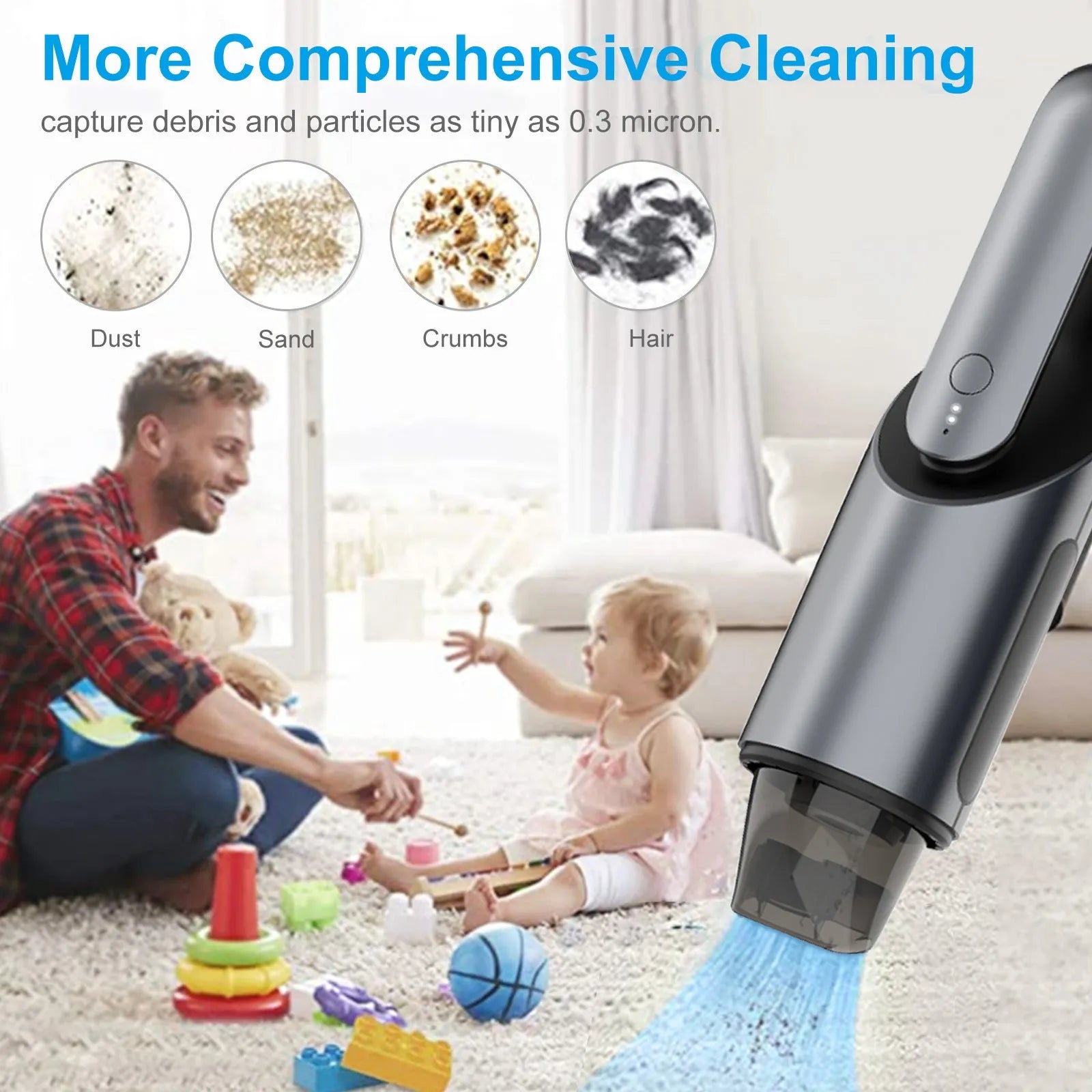 Black portable wireless car vacuum cleaner with brush and flat attachments on vehicle seat