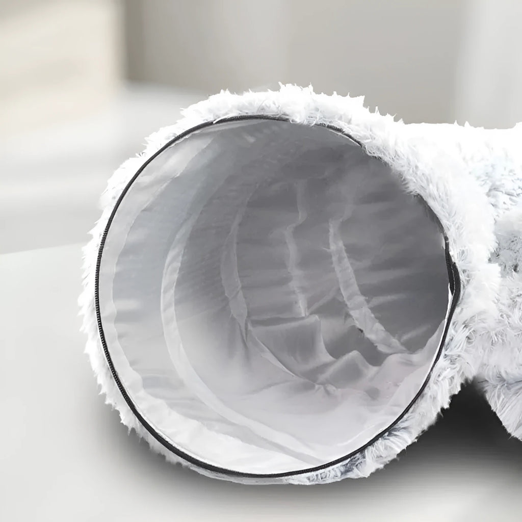 Plush cat bed with tunnel in donut shape, removable cushion, non-slip base for indoor cats