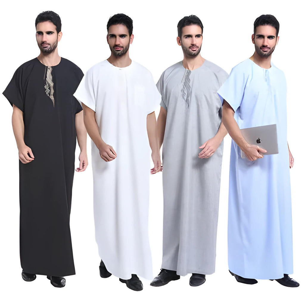 Muslim Arab Middle Eastern men's robe with embroidery in white hemp blended ramie fabric