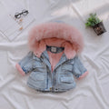 Blue girls denim coat with detachable hat and plus velvet lining on hanger, front view, size 100cm
