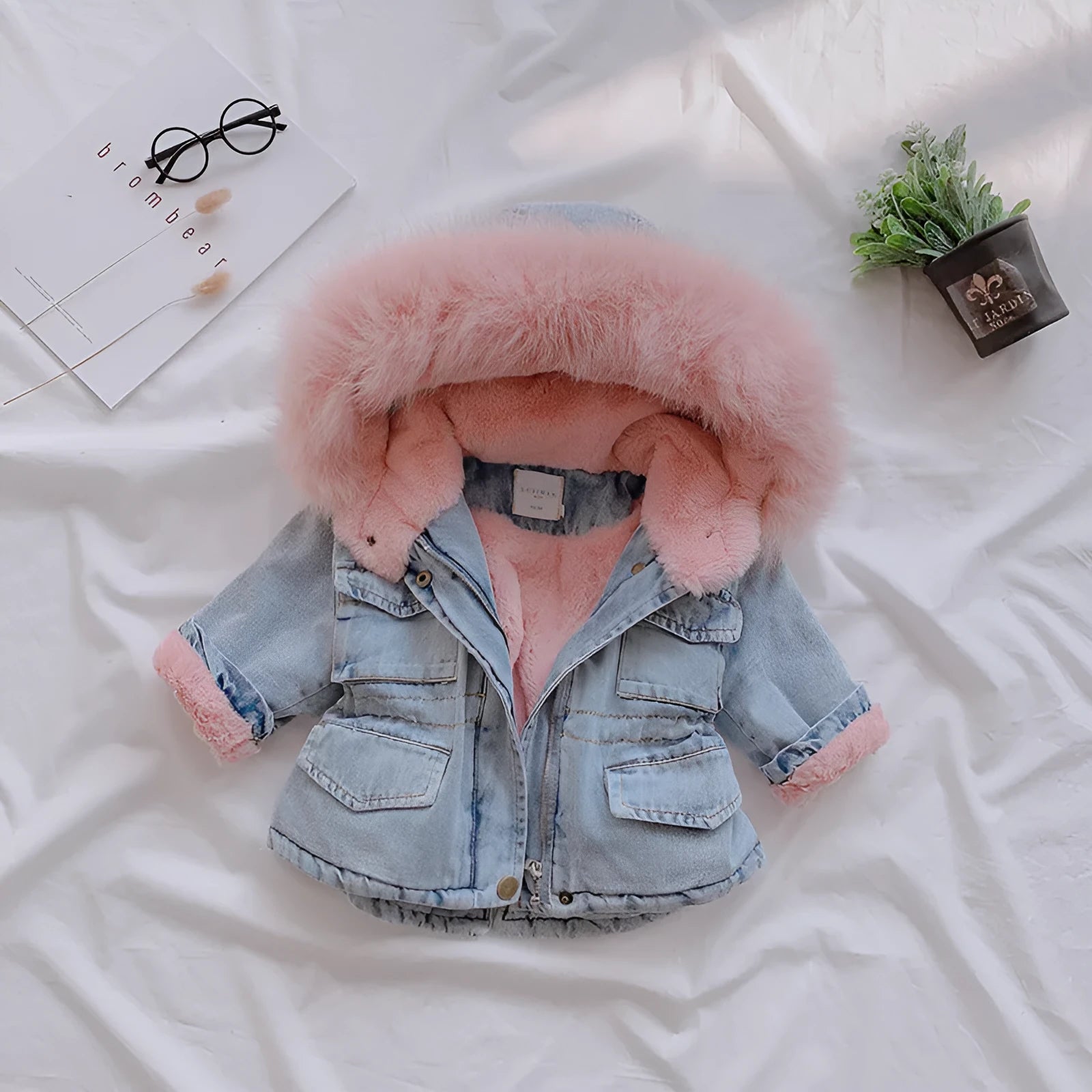 Blue girls denim coat with detachable hat and plus velvet lining on hanger, front view, size 100cm