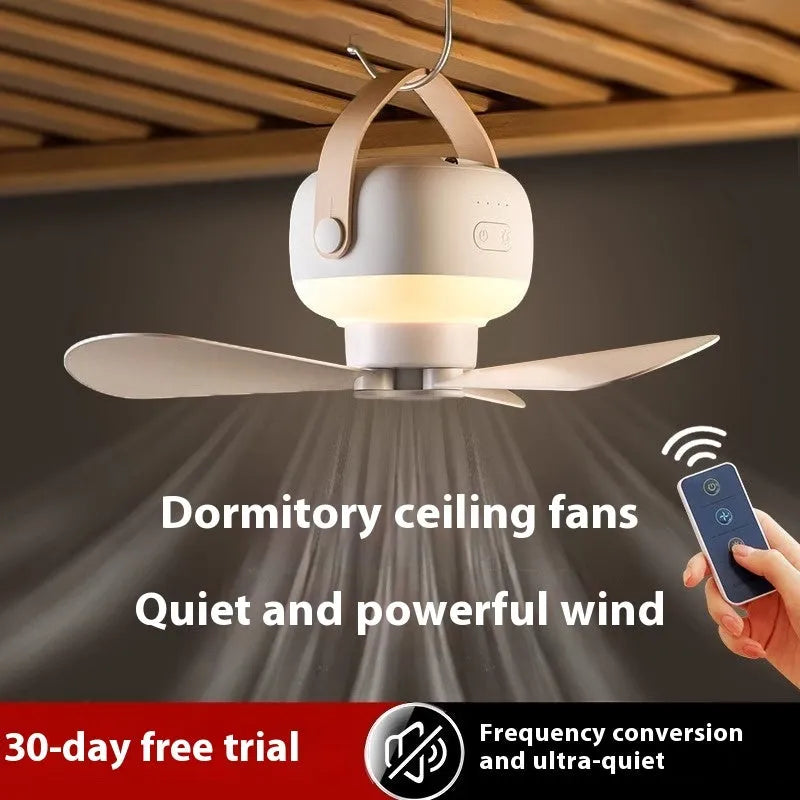 Rechargeable portable camping fan with night light, remote control, and hanging bracket on a blue background.