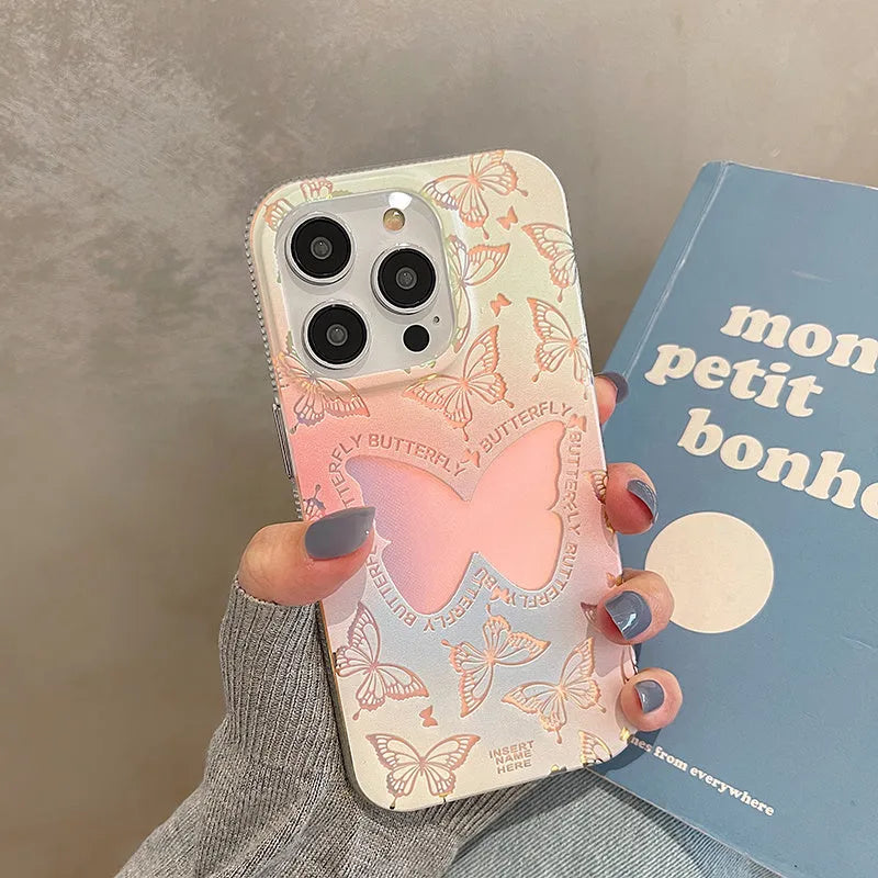 Laser gradient butterfly women's TPU phone case on iPhone 13, showing butterfly pattern and chain option