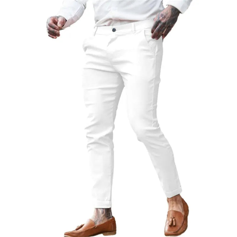 Men's slim fit pencil pants in twill cotton stretch fabric shown in a solid colour.