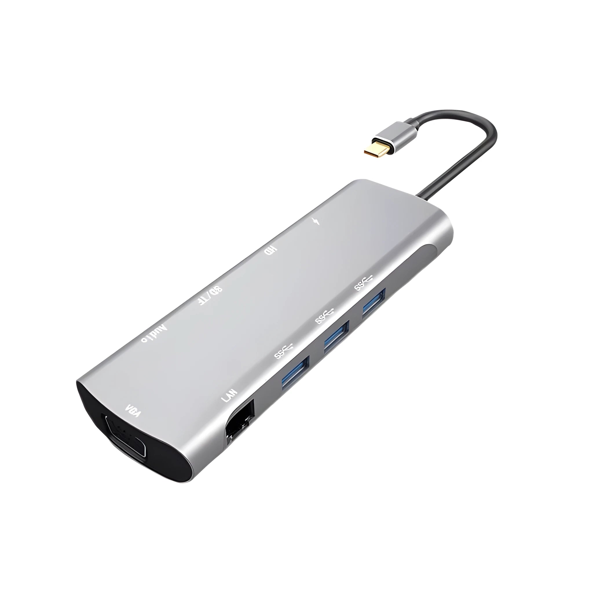 Grey aluminium USBC docking station with HDMI, VGA, USB 3.0, and charging ports on a desk.