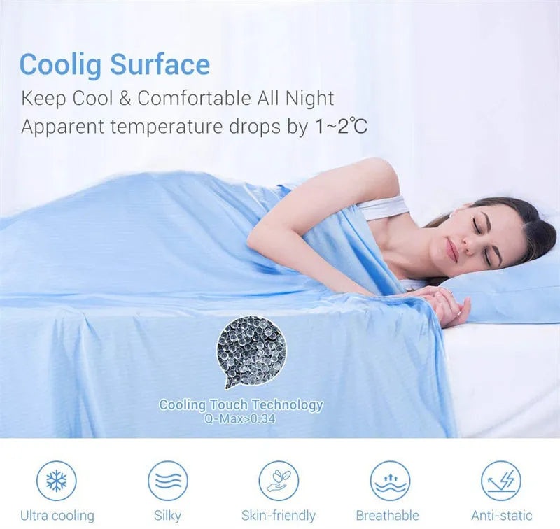 Cooling blanket in blue, grey, and pink colours on a bed, showing the polyester weave and Q-Max cooling fiber technology