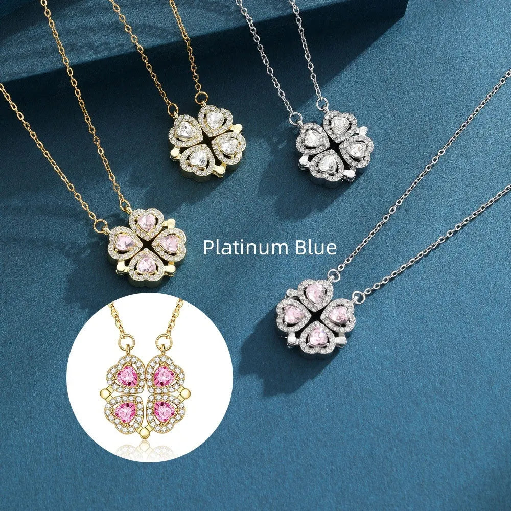Four-leaf clover pendant necklace with micro inlay artificial gemstone, metal chain, K Gold Pink colour option