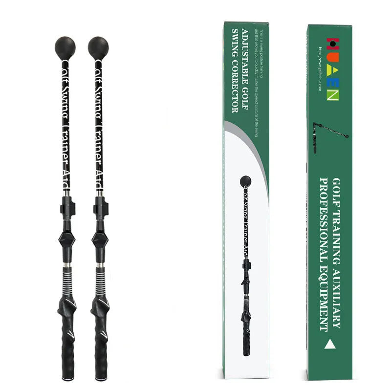 Blue golf swing training aid stick with ergonomic grip and shoulder cushion on green grass