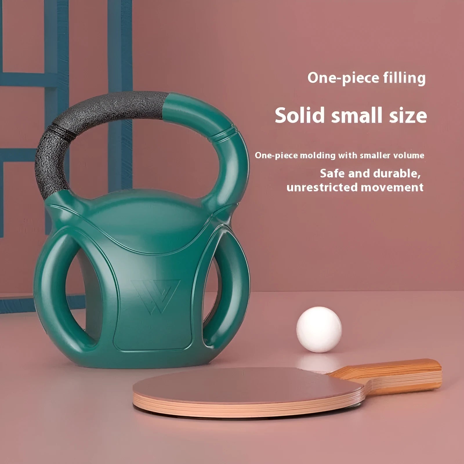 Pink kettlebell 10 lbs with gloves on wooden floor for home exercise