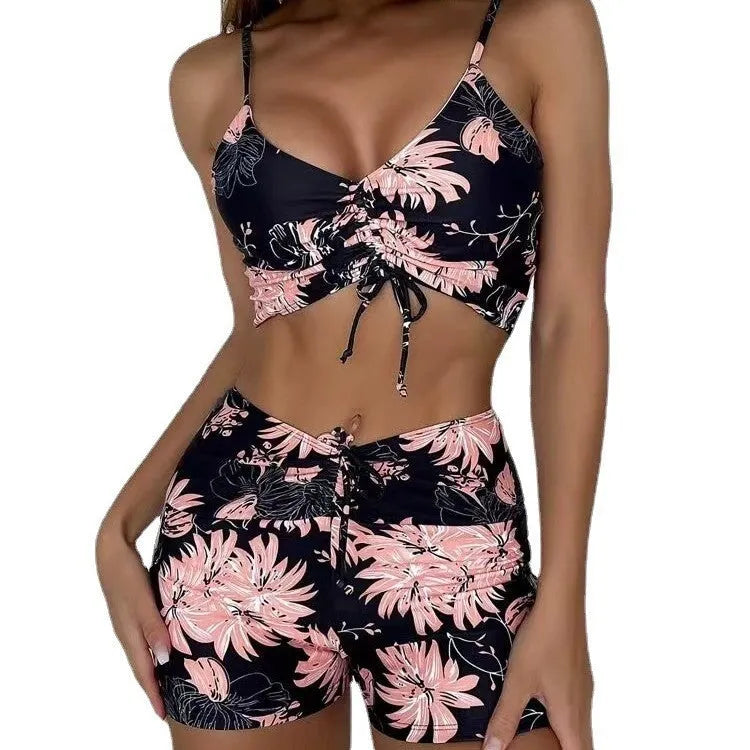 Women's printed conservative boxer pleating split swimsuit in XINGX colour, polyester fabric, sizes S M L