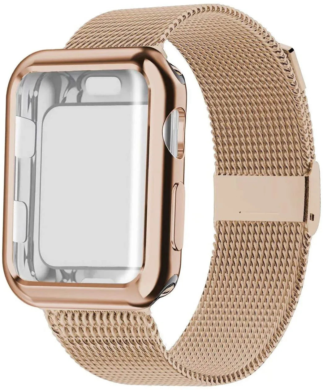 Silver Milanese loop metal strap with magnetic clasp attached to an Apple Watch on a wrist.