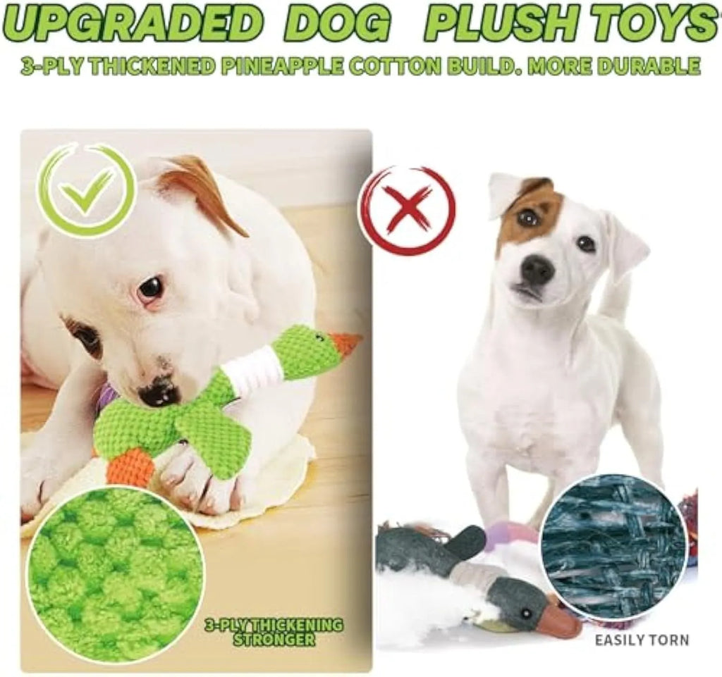 Blue duck plush dog toy with squeakers for chewing and interactive play