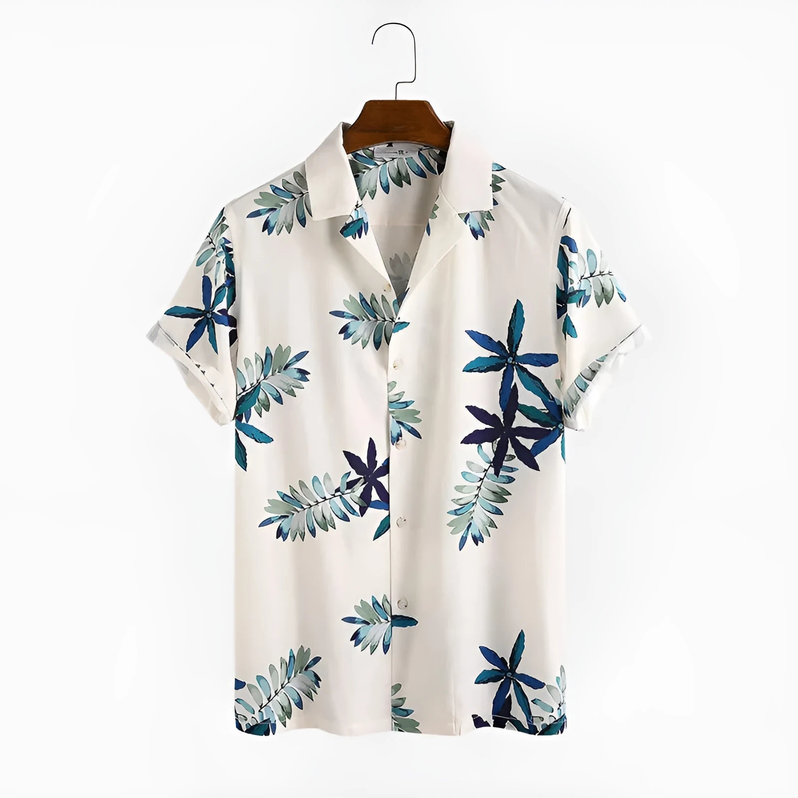Casual printed shirt in white with lapel collar and short sleeves, loose fit cotton blend fabric