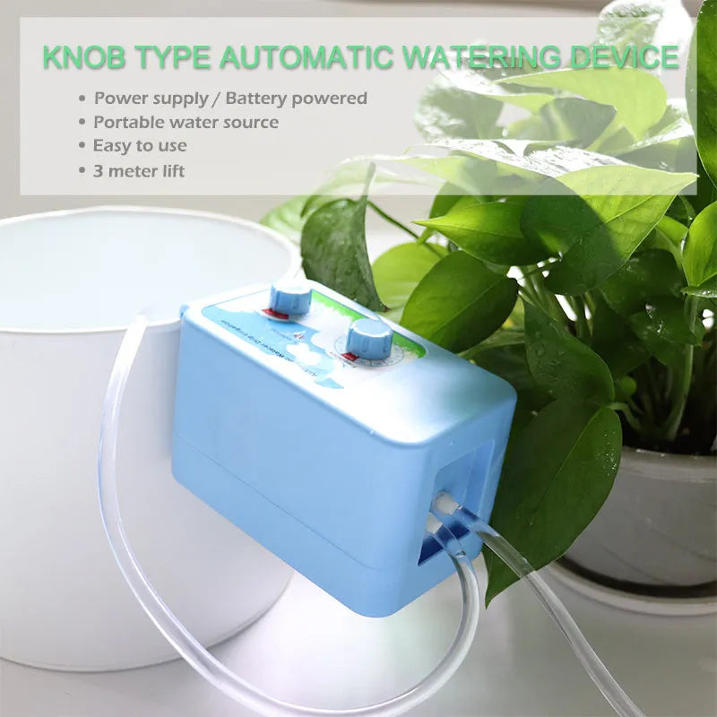 Blue plastic drip irrigation controller with smart timing for garden watering