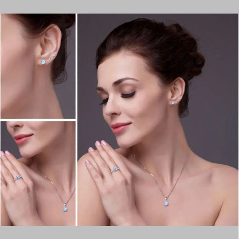 Silver women's stud earrings necklace and bracelet set with pendant 15mm ring 7mm