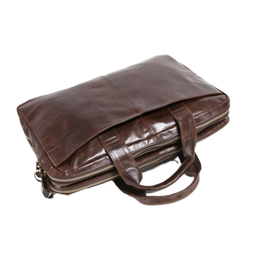 Men's brown leather business briefcase with 18-inch size and polyester cotton lining