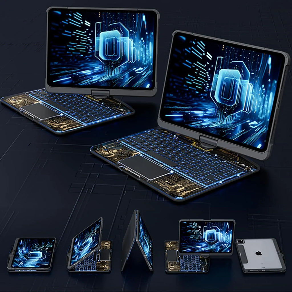 360 swivel transparent keyboard case for iPad with trackpad and telescopic pen slot