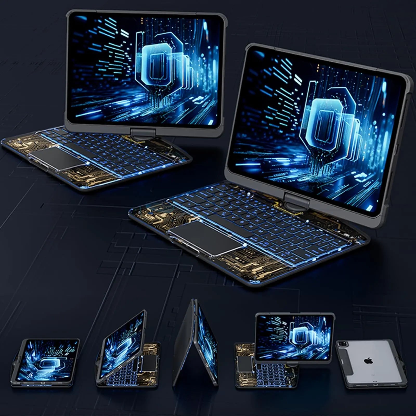 360 swivel transparent keyboard case for iPad with trackpad and telescopic pen slot