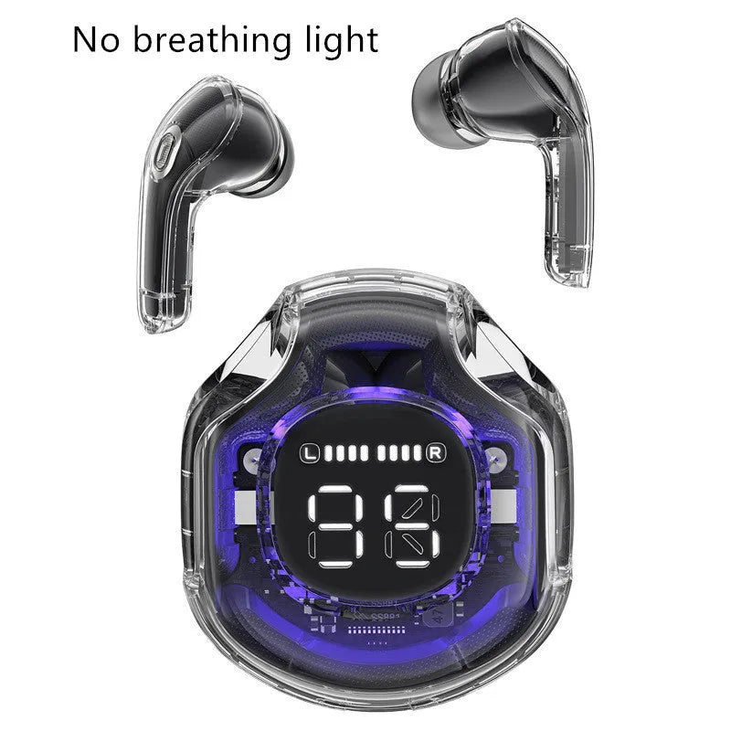 Transparent plastic wireless Bluetooth in-ear headset shown in various colours.