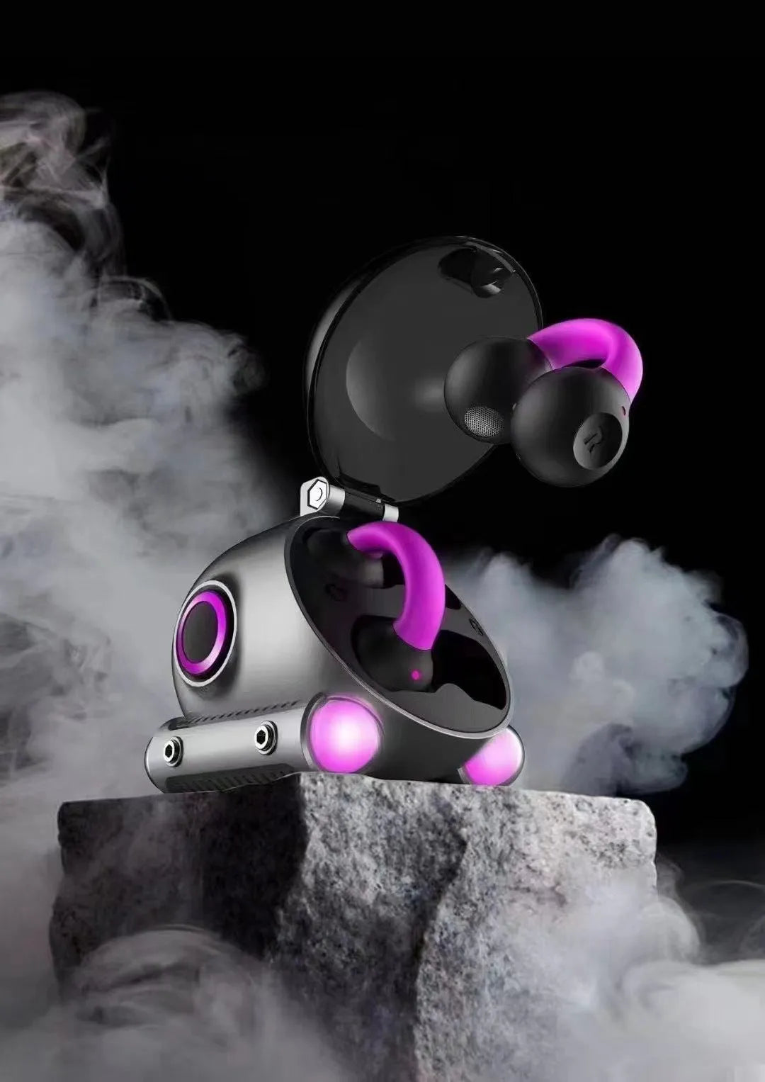 A black or white clip-type wireless Bluetooth headset for sports and hands-free calls.