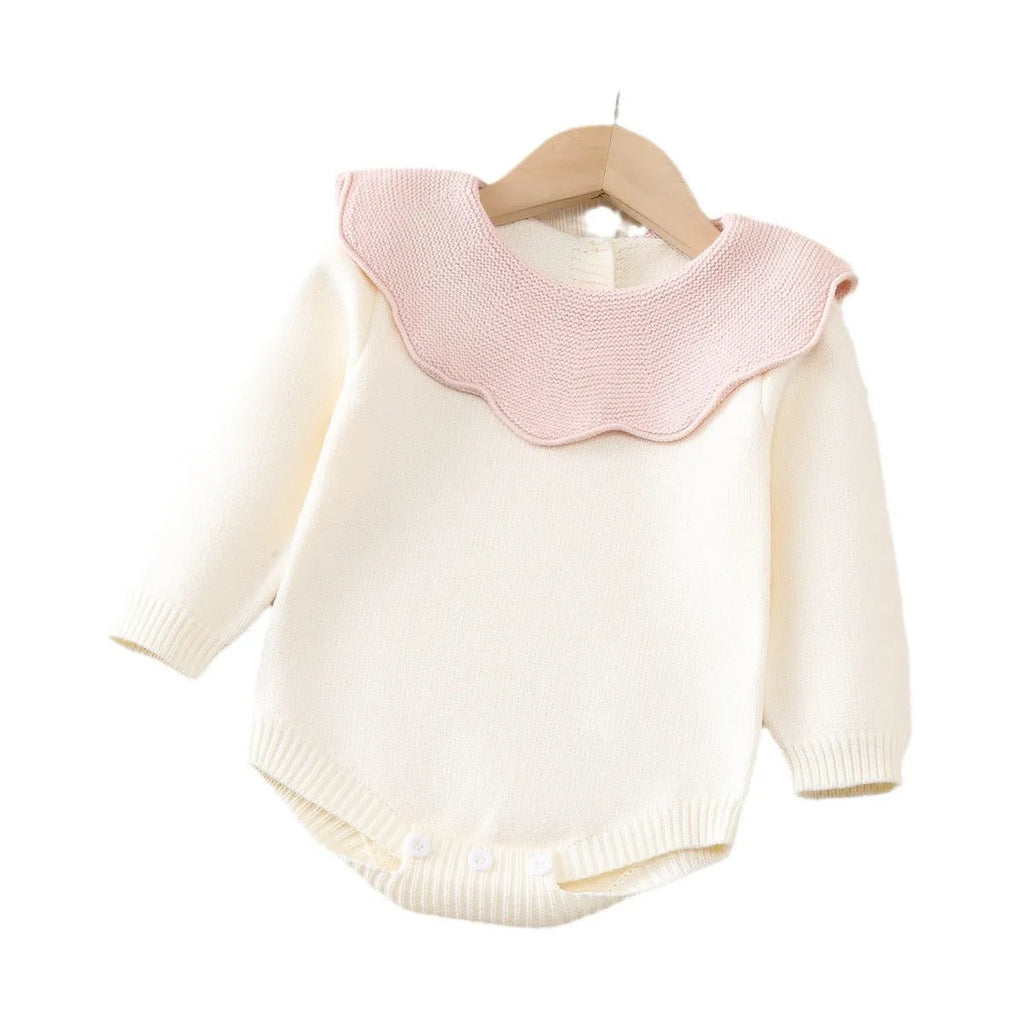 Beige knitted long sleeve triangle jumpsuit romper for baby girls, pullover style, suitable for heights 73-110cm