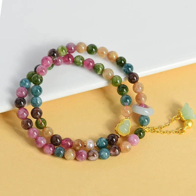 Chalcedony double circle bracelet with geometric beads for women's jewellery