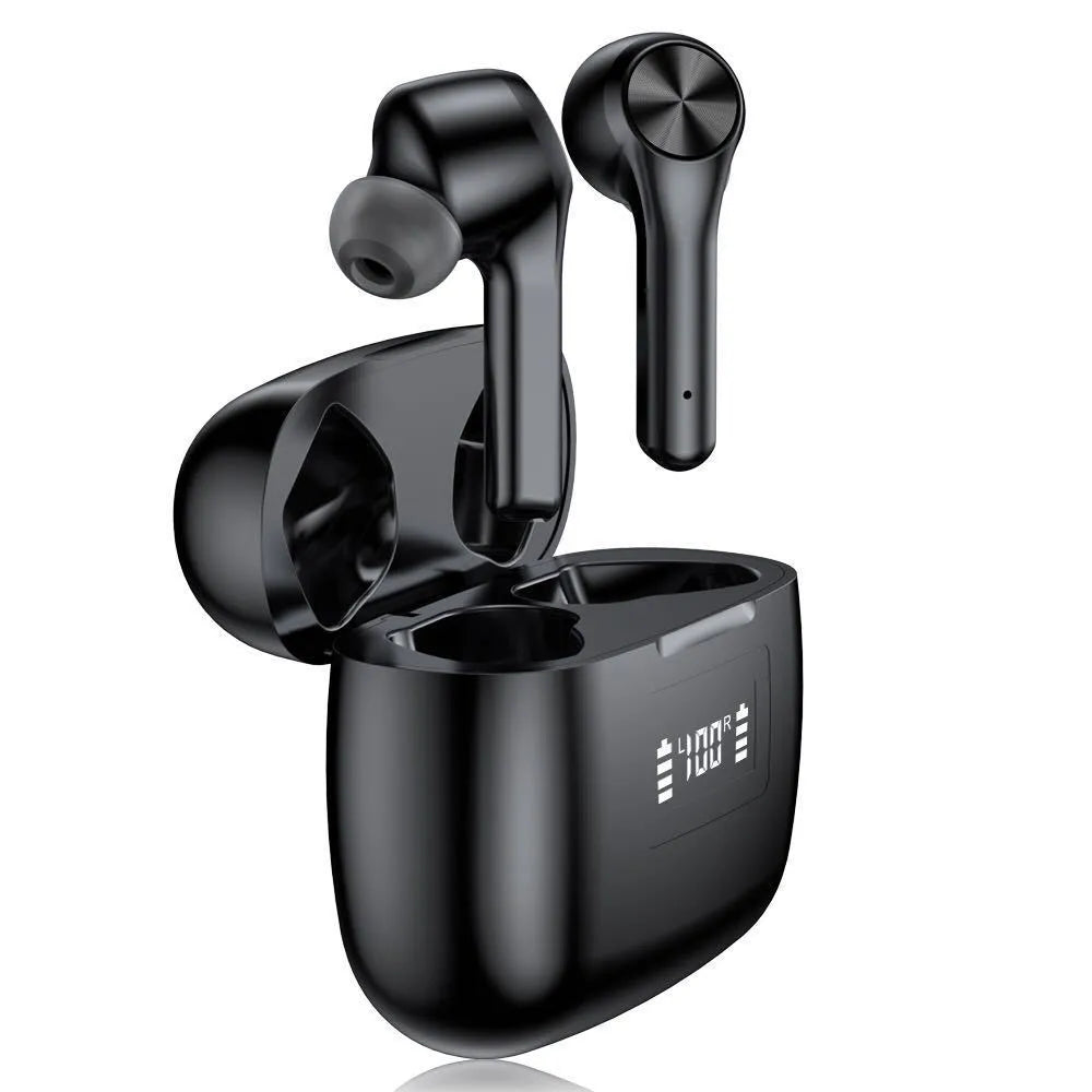 Cool black wireless noise cancelling earbuds with charging case on a white background.