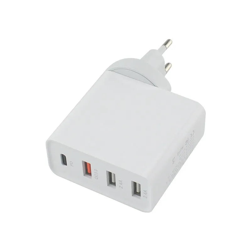 Black and white 48W four-port USB-C wall charger with LED light and regional plug.