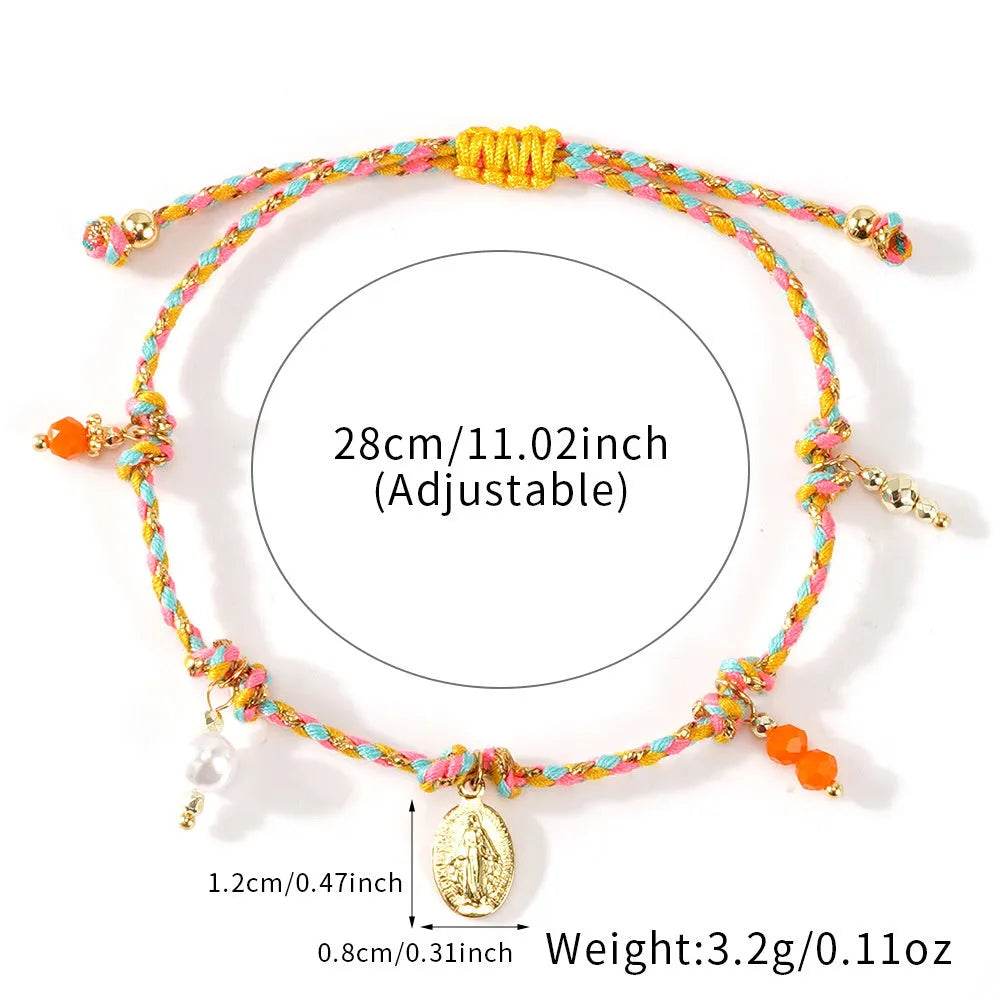Hand-woven colourful braided rope ethnic style bracelet for women showing woven pattern