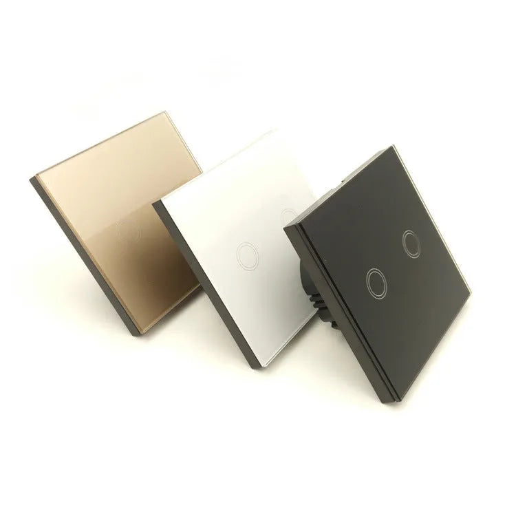 Touch light switch with tempered glass panel in black, gold or white for 220V lighting circuits