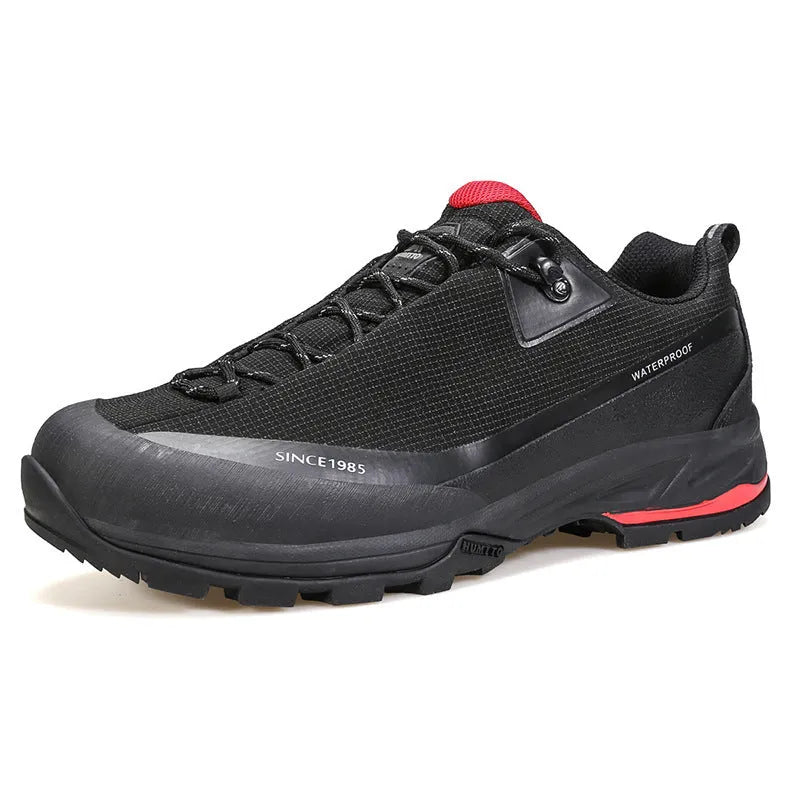 Men's low-top hiking boots in black with a rubber outsole and lace-up front.